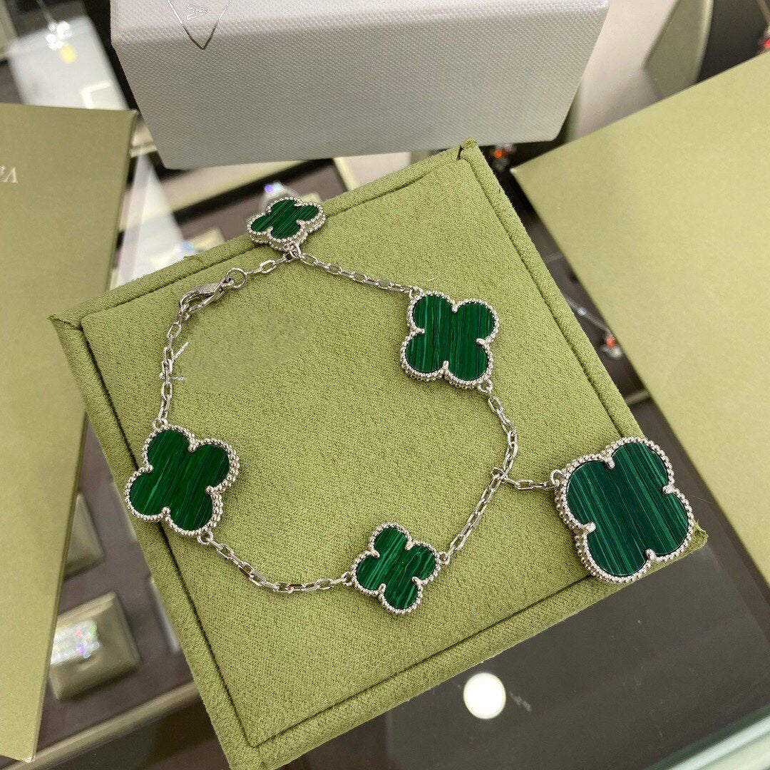 ¡®Star¡¯CLOVER 5 MOTIFS SIVLER MALACHITE BRACELET