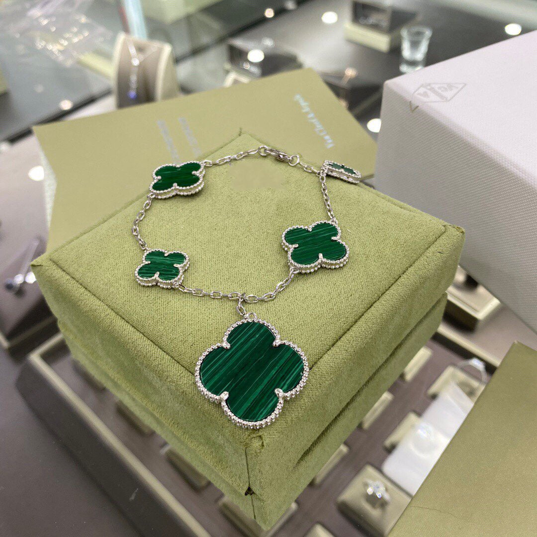 ¡®Star¡¯CLOVER 5 MOTIFS SIVLER MALACHITE BRACELET