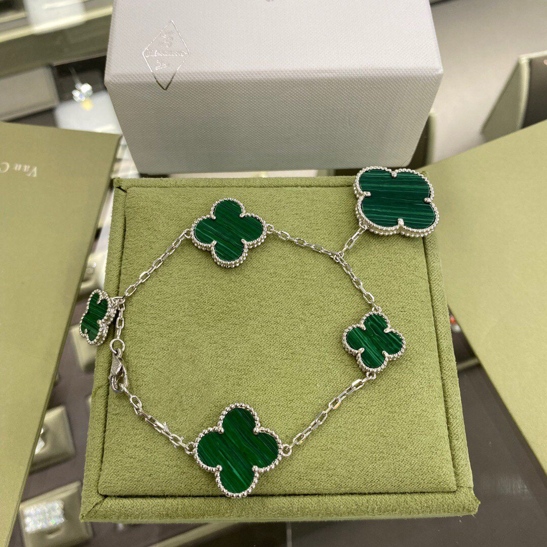 ¡®Star¡¯CLOVER 5 MOTIFS SIVLER MALACHITE BRACELET