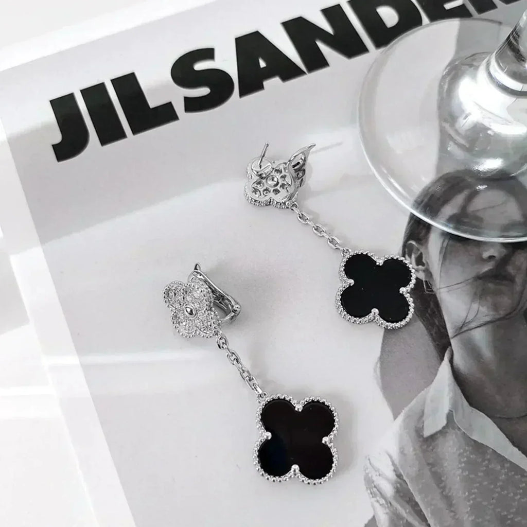 ¡®Star¡¯CLOVER 2 MOTIFS  DIAMOND ONYX EARRINGS SILVER