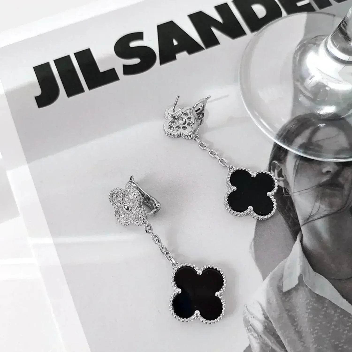 ¡®Star¡¯CLOVER 2 MOTIFS  DIAMOND ONYX EARRINGS SILVER