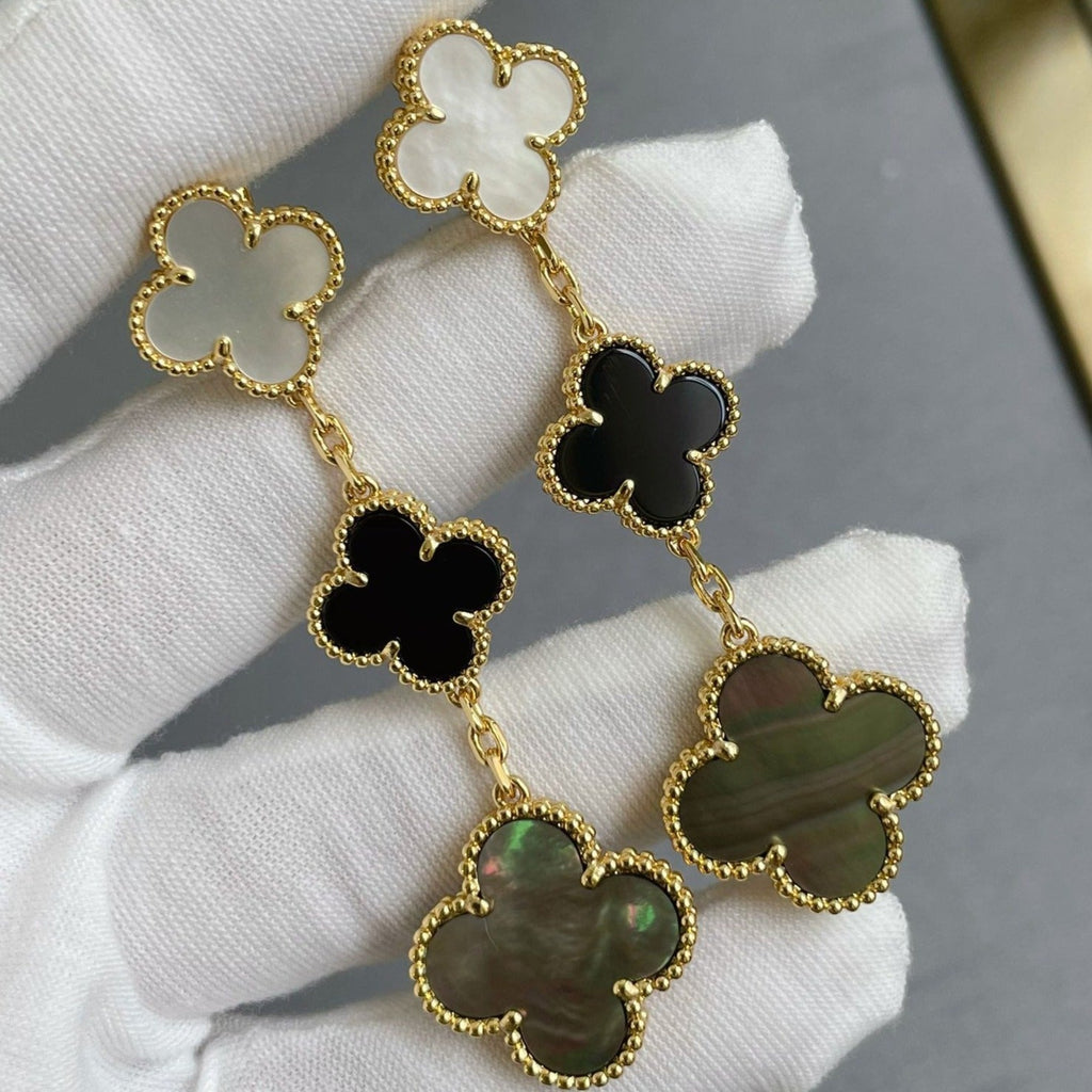 ¡®Star¡¯CLOVER 3 MOTIF MOP ONYX DARK MOP PINK GOLD EARRINGS