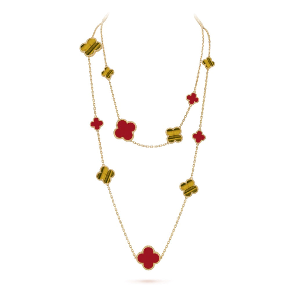 ¡®Star¡¯CLOVER 16 MOTIF CARNELIAN TIGER EYE ROSE GOLD NECKLACE