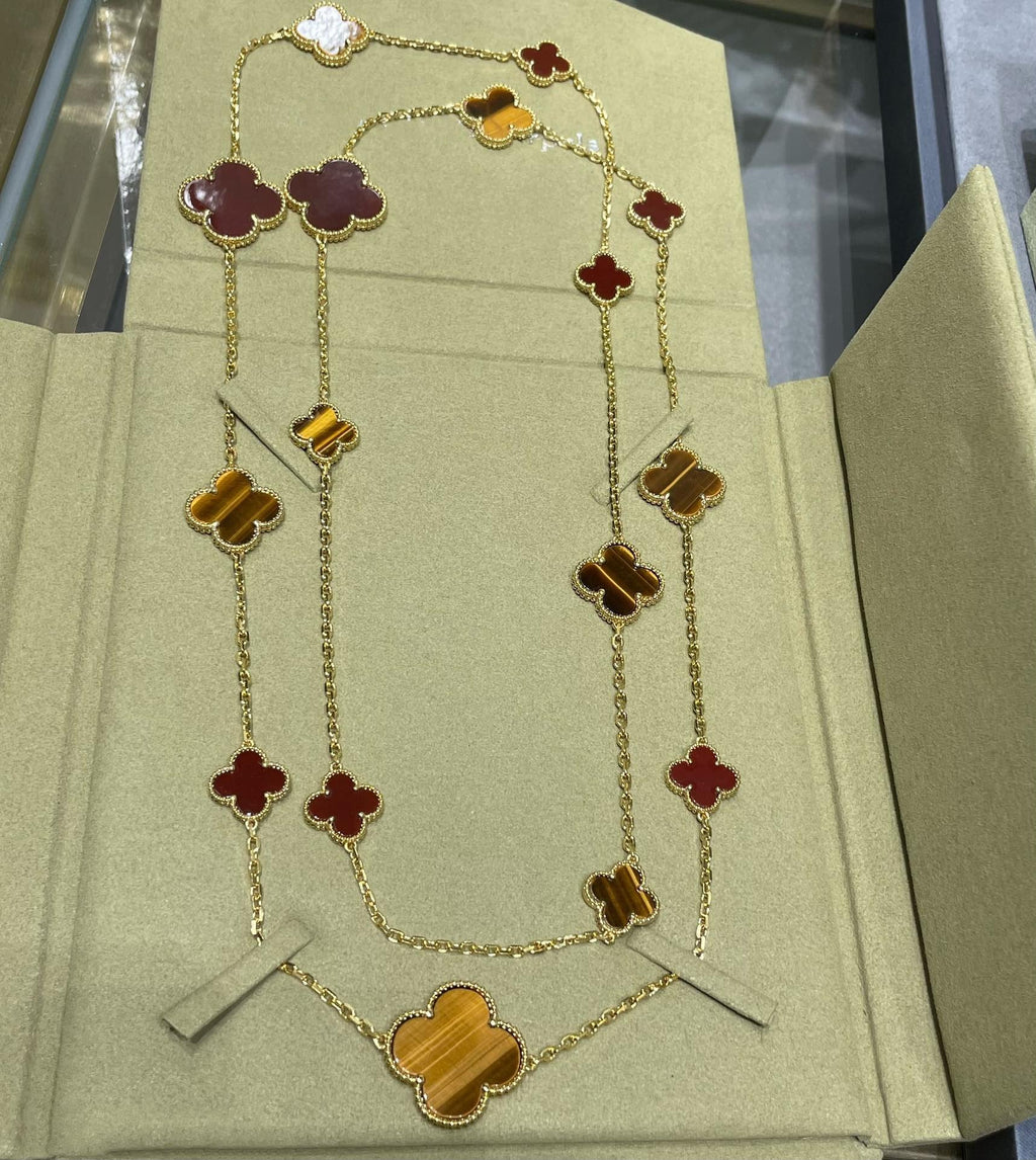 ¡®Star¡¯CLOVER 16 MOTIF CARNELIAN TIGER EYE ROSE GOLD NECKLACE