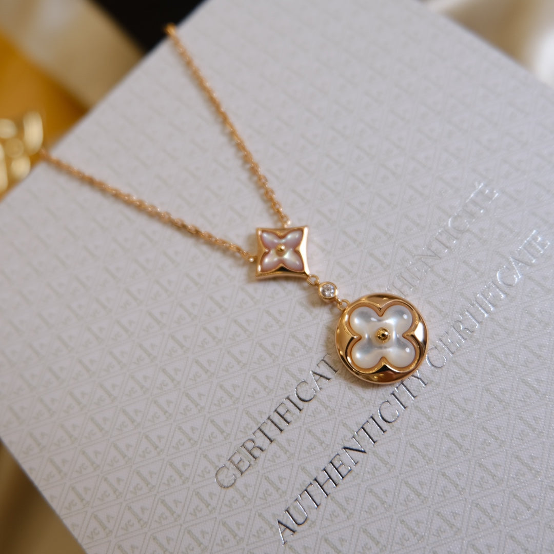 ¡®Star¡¯STAR AND SUN WHITE MOP 2 MOTIF PINK GOLD NECKLACE
