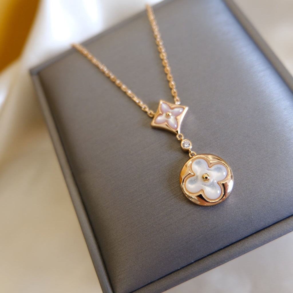 ¡®Star¡¯STAR AND SUN WHITE MOP 2 MOTIF PINK GOLD NECKLACE