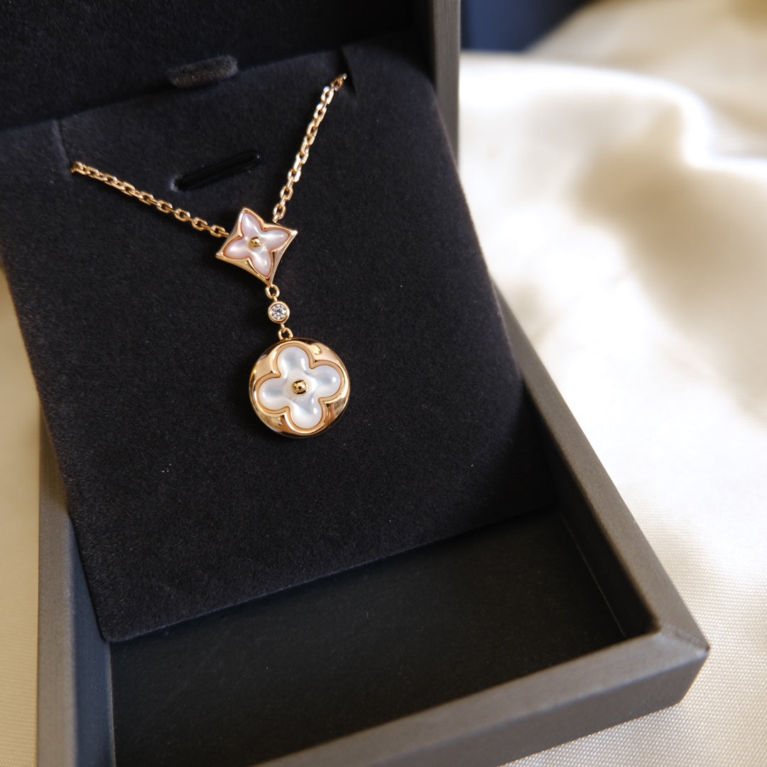 ¡®Star¡¯STAR AND SUN WHITE MOP 2 MOTIF PINK GOLD NECKLACE