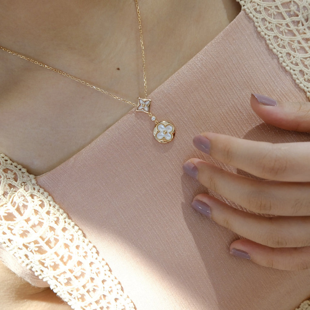 ¡®Star¡¯STAR AND SUN WHITE MOP 2 MOTIF PINK GOLD NECKLACE