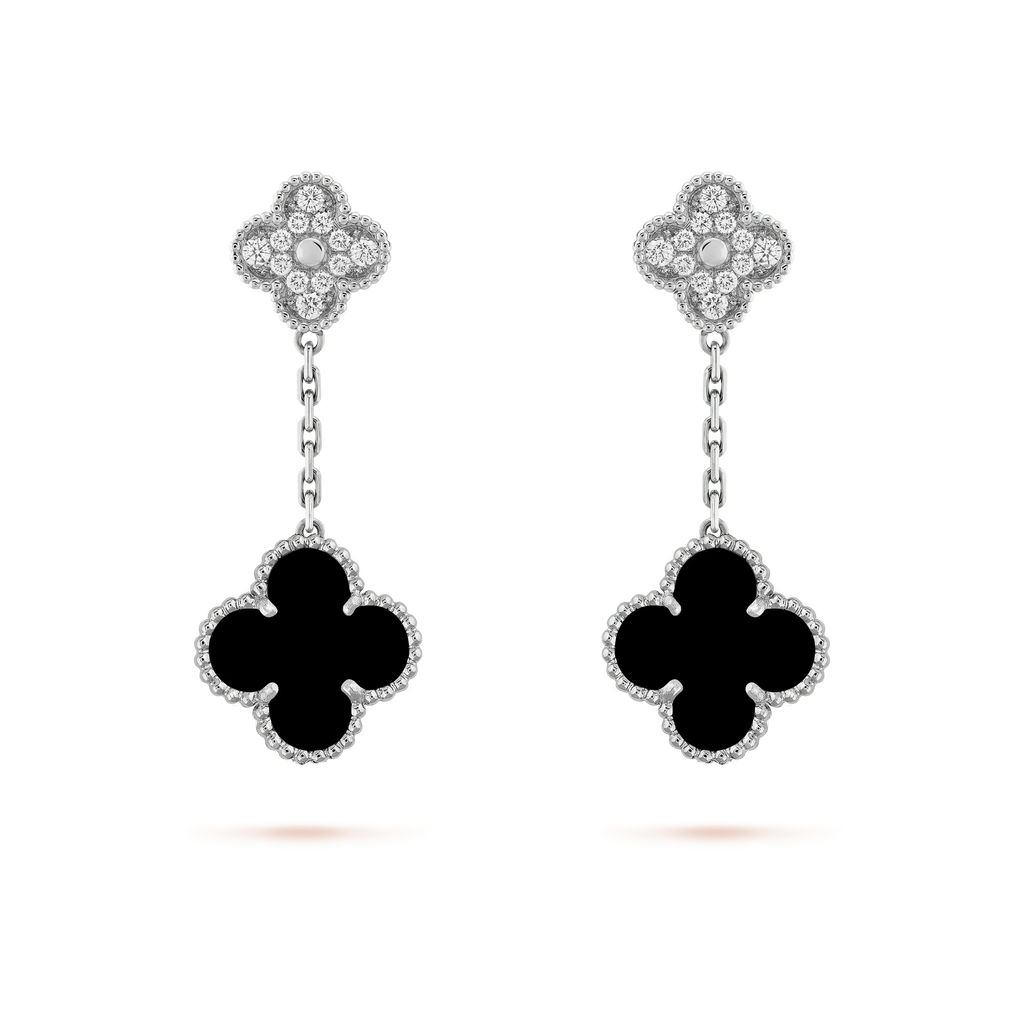 ¡®Star¡¯CLOVER 2 MOTIFS  DIAMOND ONYX EARRINGS SILVER