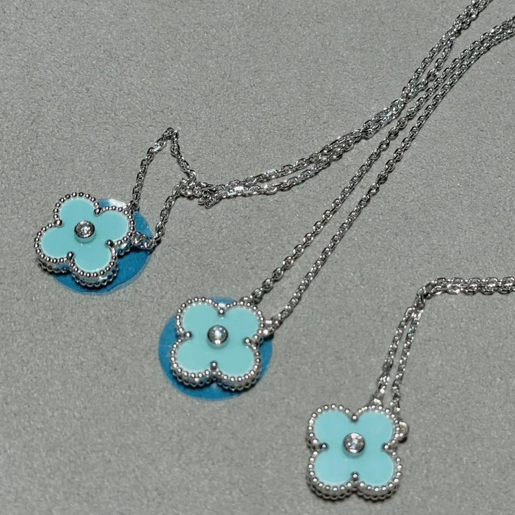 ¡®Star¡¯CLOVER 1 DIAMOND LIGHT BLUE SILVER NECKLACE
