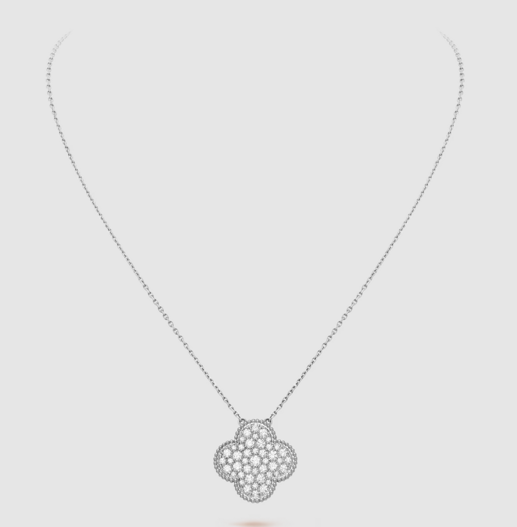 ¡®Star¡¯CLOVER 25MM LARGE PENDANT DIAMOND PAVED SILVER NECKLACE