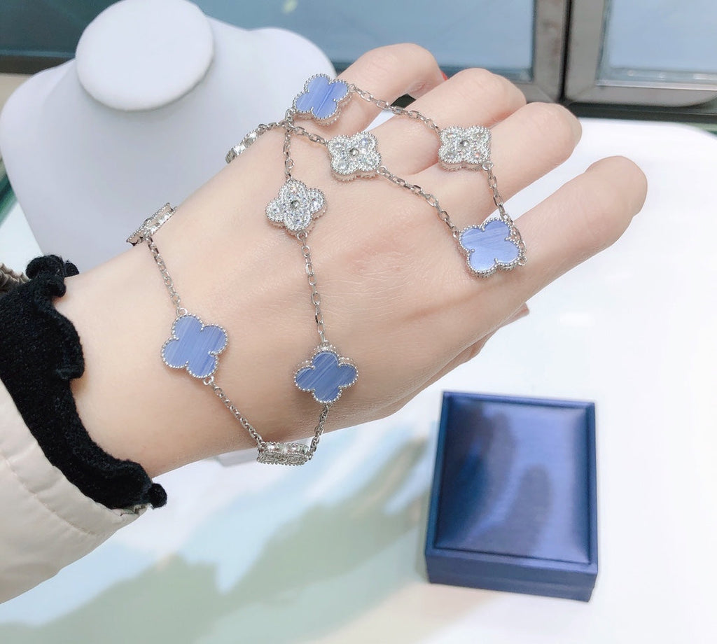 ¡®Star¡¯CLOVER 10 MOTIFS CHALCEDONY DIAMONDS SILVER NECKLACE